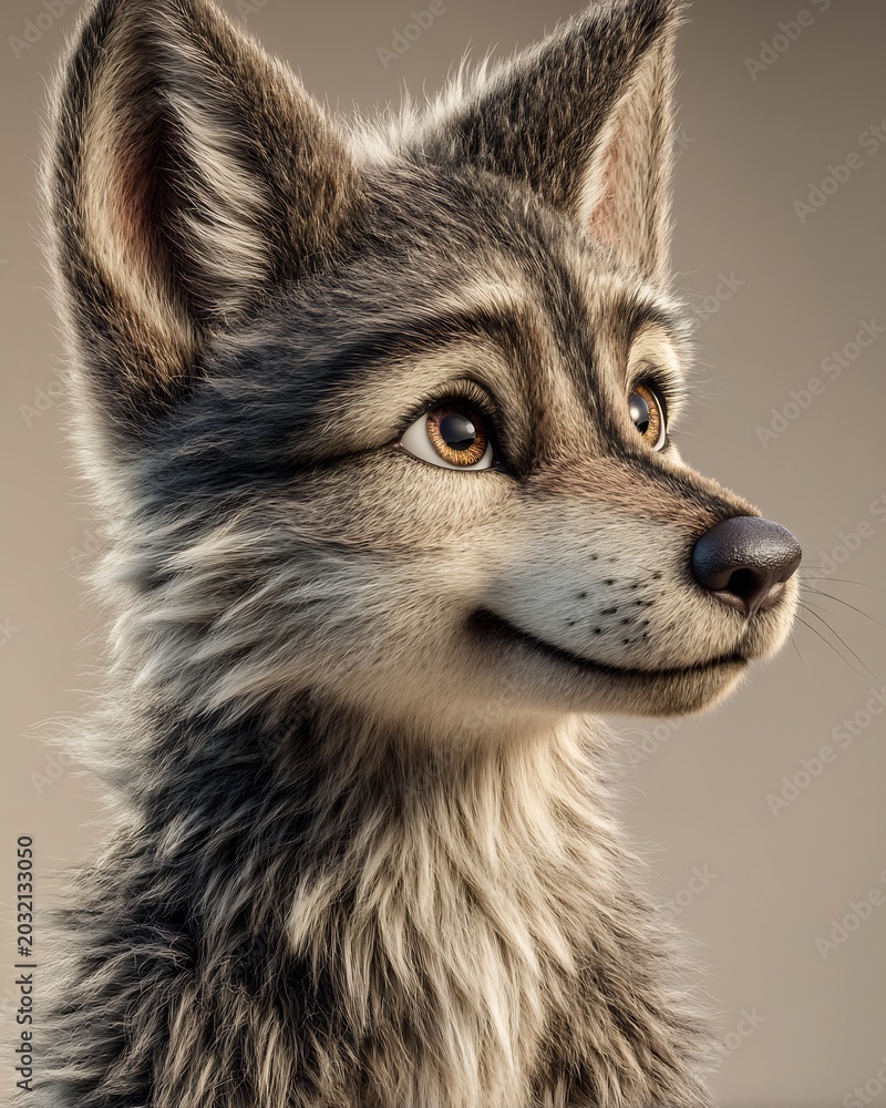 Naklejka premium Detailed 3D render of a stylized fox pup profile with soft fur texture on neutral background