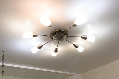 Tableau sur toile sleek metallic ceiling chandelier with eight arms and frosted glass shades emits