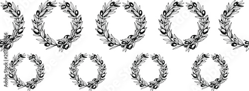 Bild auf Leinwand Olive wreath vector set with hand drawn laurel branches circular crown frames fo