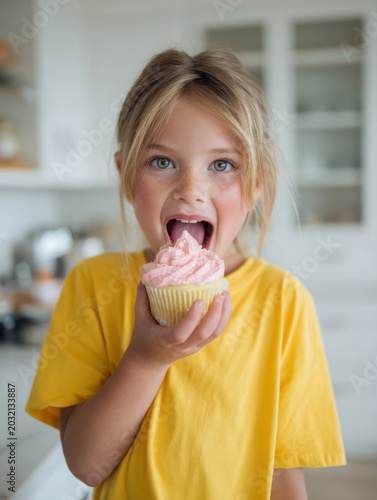 Adorable little girl in a bright yellow t shirt opening her mouth wide to bite into a delicious sweet vanilla cupcake with pink frosting and sprinkles in a bright modern kitchen background