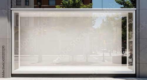 A high-resolution realistic storefront mockup featuring a large glass display window reflecting the street under bright natural daylight, boutique, mockup, frame