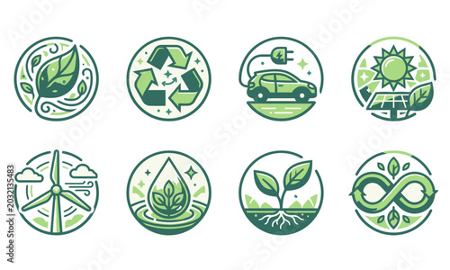 Set of circular eco-friendly icons representing sustainability, nature, and renewable energy with a green and white color scheme