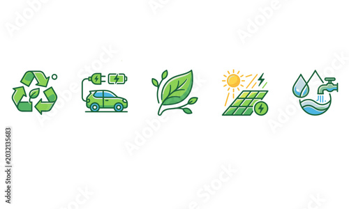 Illustrative concept icons showcasing the importance of environmental sustainability, renewable energy sources, and eco-friendly practices for a brighter future