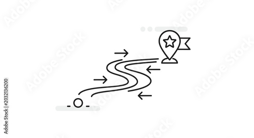 Outline icon illustrating a winding path with arrows from a start point to a star-marked flag destination, representing a route or journey, isolated white background.