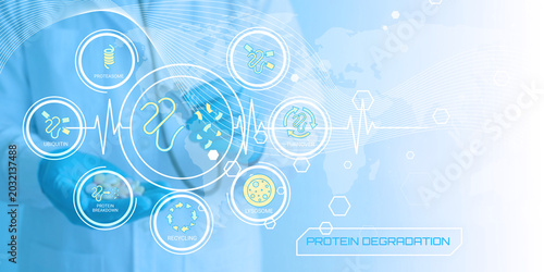 Foto Scientific illustration showing key components and processes involved in protein
