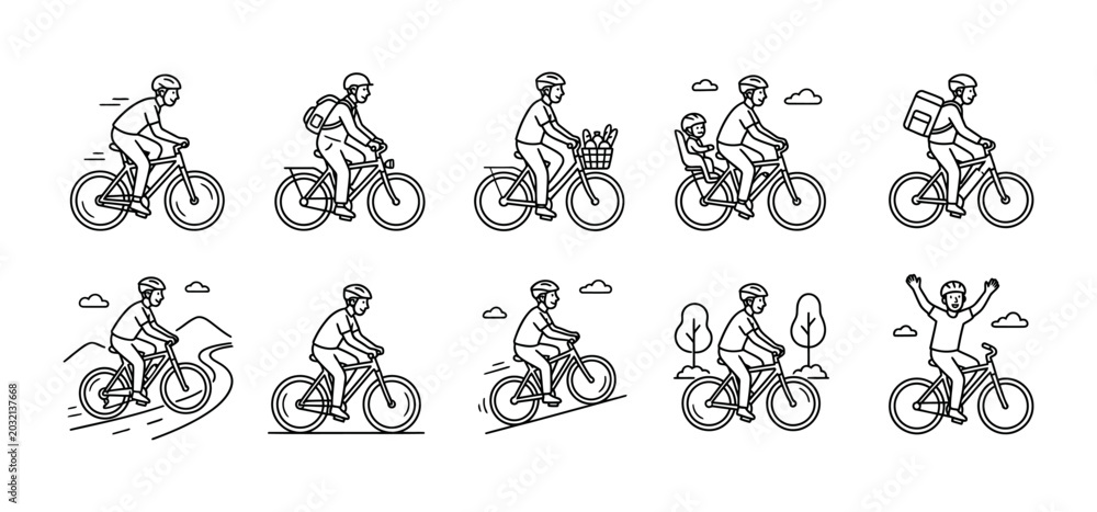 Naklejka premium A collection of line art illustrations depicting people riding bicycles in various poses. Vector illustration