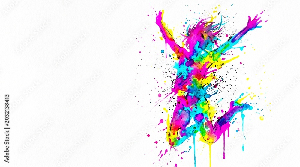 Obraz premium Dynamic abstract silhouette of a jumping person in neon watercolor splatters