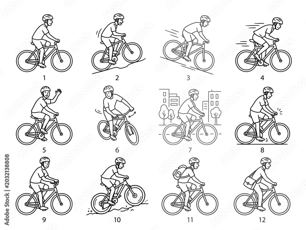 Naklejka premium Black and white illustration of a man riding a bicycle in different positions Vector, illustration