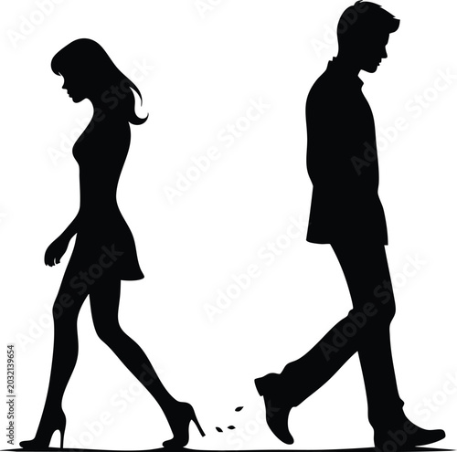 Photos Silhouette of a man and a woman walking away from each other on white background