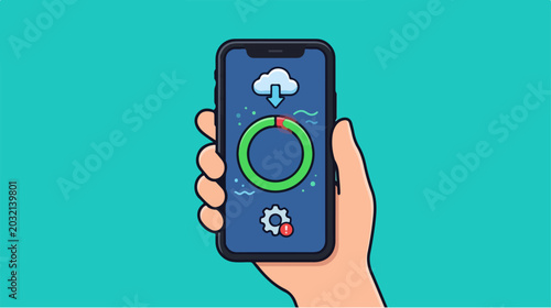 Hand holding smartphone with app.
