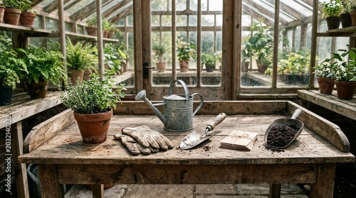 Greenhouse Gardening Table With Soil Scoop And Planting Tools