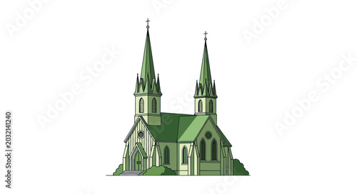 Fotografía Green Church Building with Two Spires and White Background