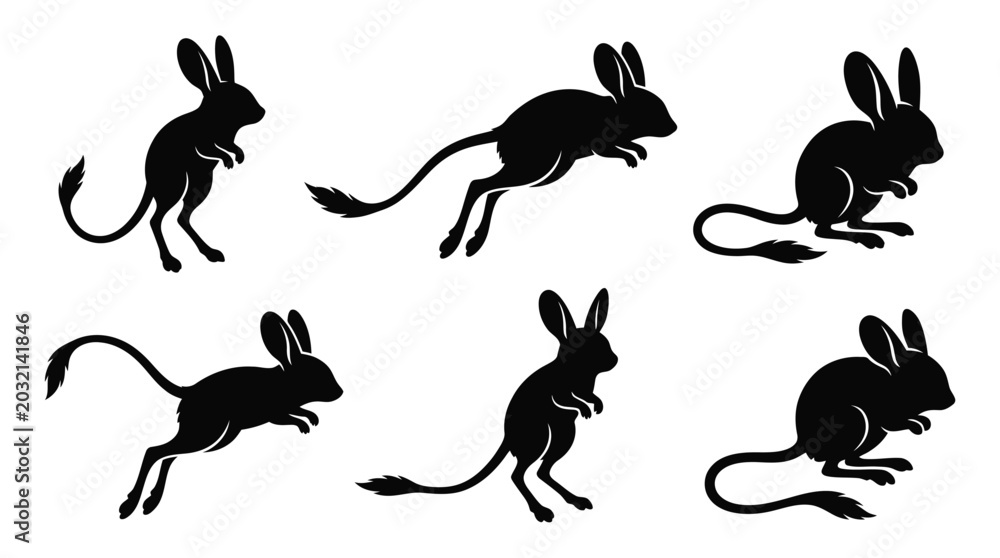 Obraz premium different black jerboa silhouettes on a clean white background, minimalist vector style.