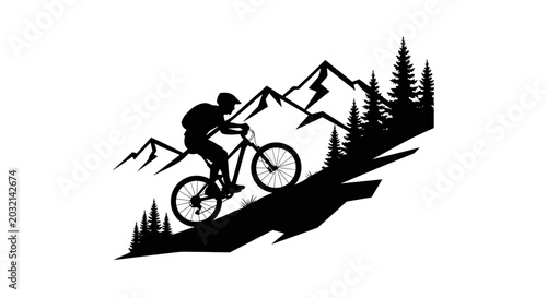 Man Riding Mountain Bike Downhill Fast.