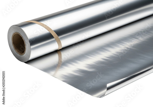 Shiny metallic aluminum foil roll unwound on a black surface isolated on transparent background