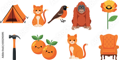 Photography Cute Orange Design Element Vector Set with Cartoon Cats Camping Tent Orangutan M