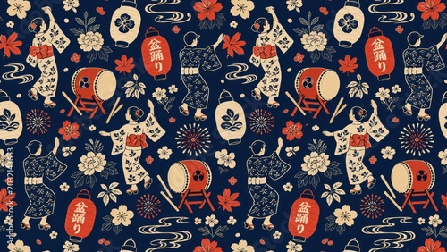 Seamless obon festival pattern with dancing people and traditional elements