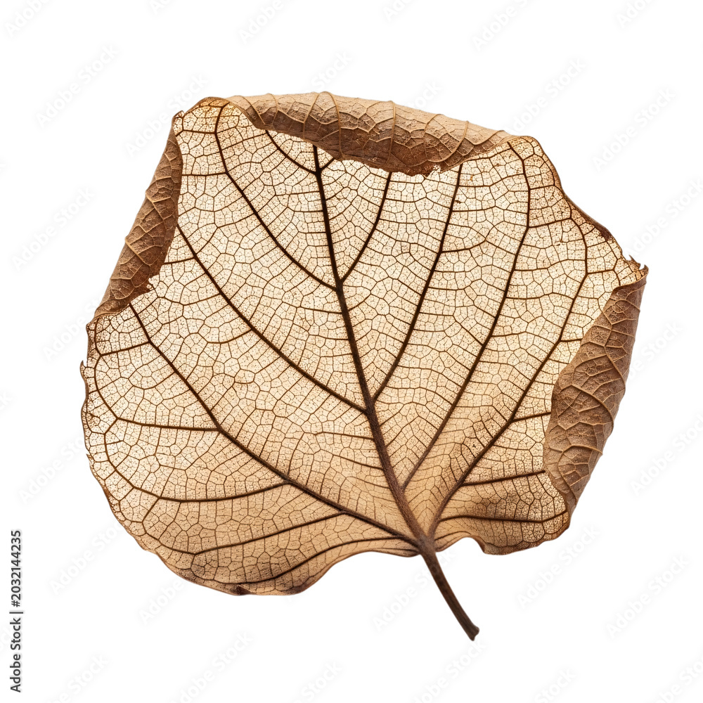 Obraz premium Macro view of dried skeleton leaf with intricate vein patterns on transparent background.