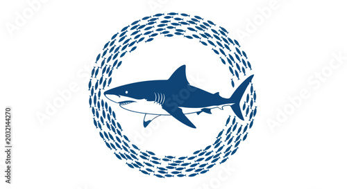 Bild auf Leinwand Shark Surrounded by School of Fish Circle, Marine Life Illustration
