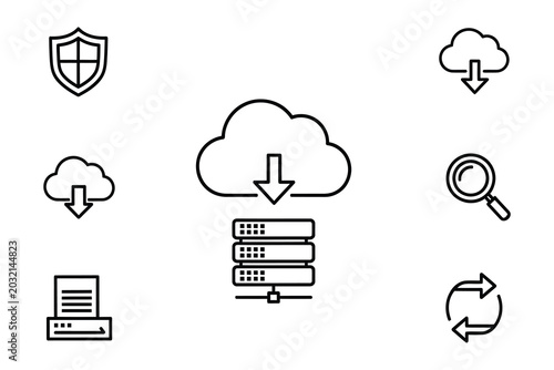 Technology icons representing cloud computing and data management concepts