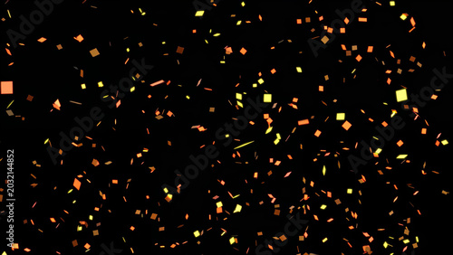 Colorful confetti pieces floating and falling on a black background. Concept of celebration, birthdays, congratulations, party, event, holiday, entertainment, overlay and decoration, festival.