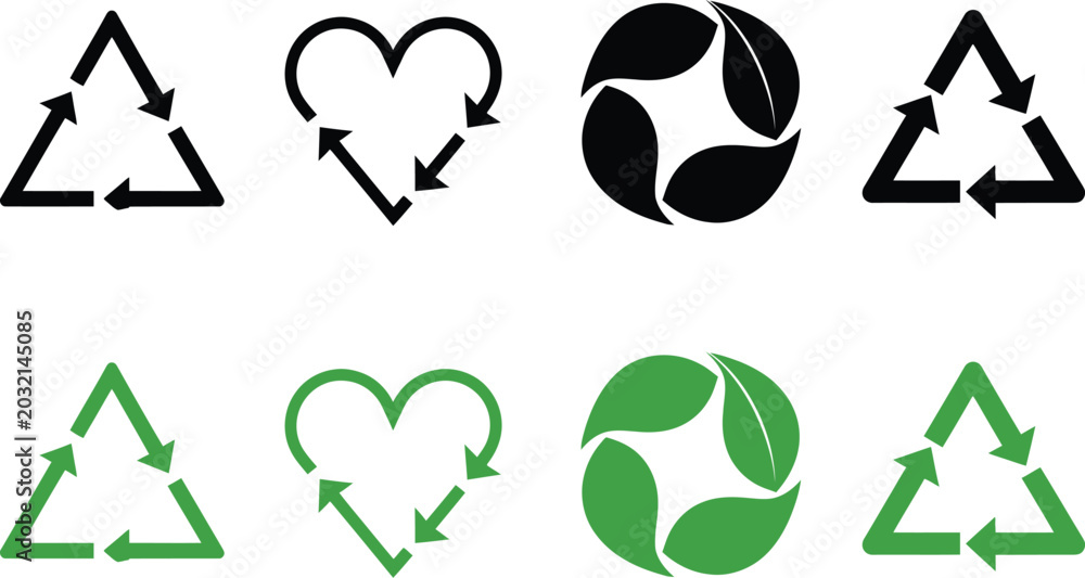 Fototapeta premium Recycling symbol set black and green variations for sustainability concepts