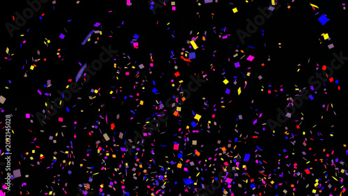 Colorful confetti pieces floating and falling on a black background. Concept of celebration, birthdays, congratulations, party, event, holiday, entertainment, overlay and decoration, festival.