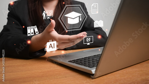 Quadro su tela Business professional presenting artificial intelligence education icons above l