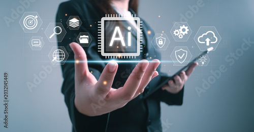 Businesswoman presenting artificial intelligence platform with digital AI chip and technology icons, representing smart automation, data integration, cloud computing, cybersecurity, and modern busines