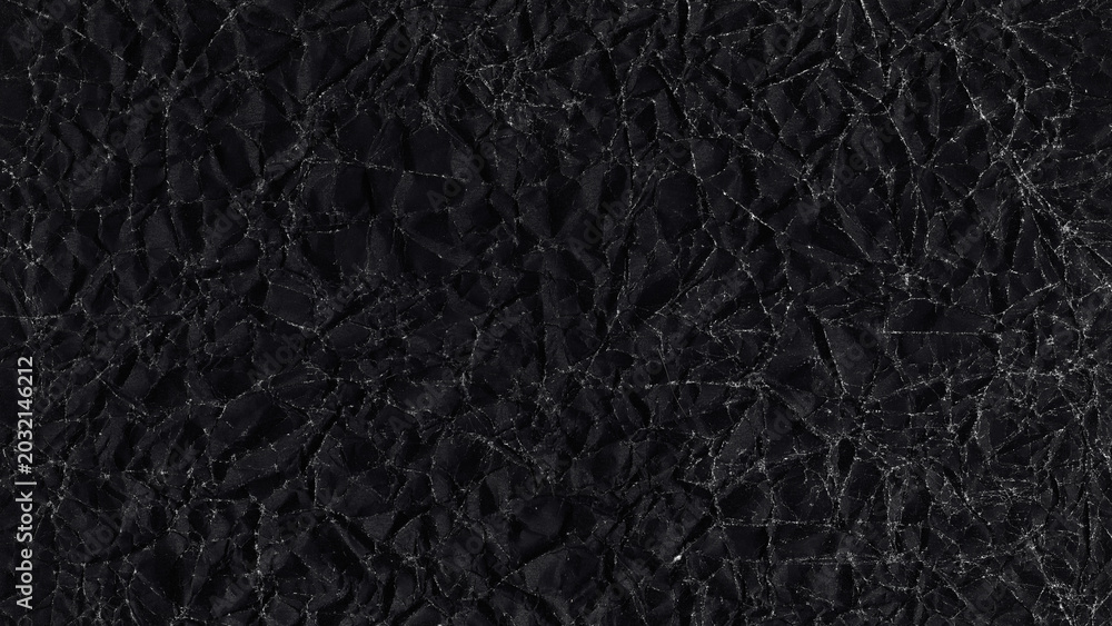 Fototapeta premium Black crumpled paper texture with fold lines dark grunge background