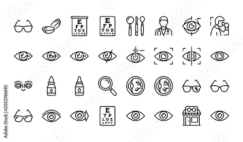 Eye Care and Vision Test Line Icon Collection for Optical and Medical Design