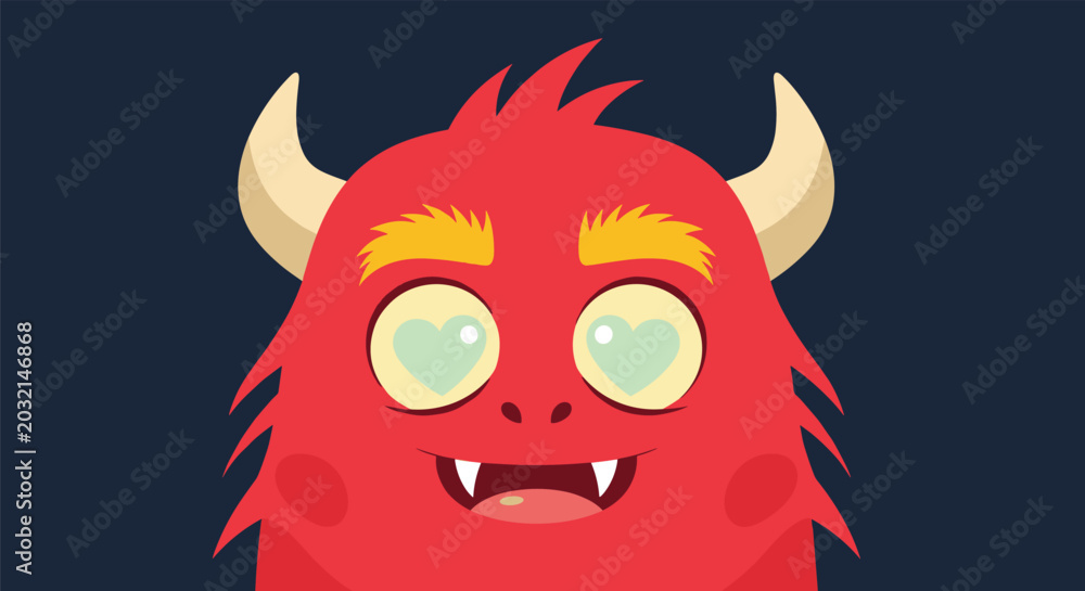 Naklejka premium Adorable red monster character with fluffy fur and white heart shaped eyes expressing love, affection, and happiness on a dark background.