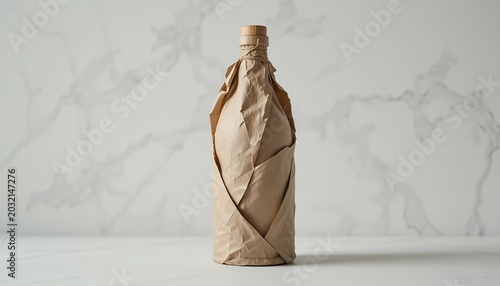 Minimalist glass bottle wrapped in textured kraft paper with geometric folds, isolated on white background, modern eco-friendly packaging design with elegant natural aesthetics