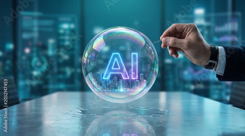 Businessman holding needle near AI city bubble, concept of artificial intelligence risk, technology hype, market volatility and fragile digital innovation growth