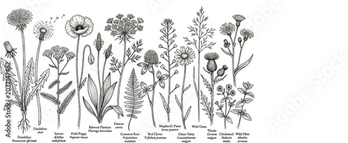 Tableau sur toile Vintage Botanical Illustration Vector Set Featuring Detailed Hand Drawn Wildflow