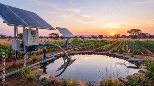 Solar powered irrigation system in agricultural field at sunset.