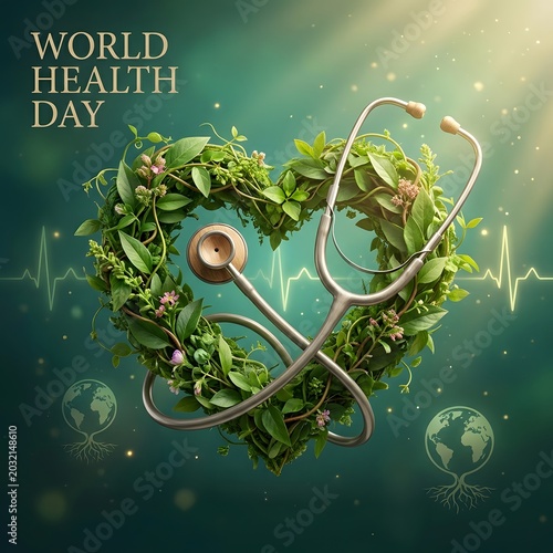 Health day concept featuring a heart shape made of lush green leaves and flowers with a medical stethoscope wrapped around it on a dark green background, with light rays