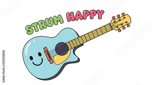 Cute blue cartoon guitar with a happy face and strum happy text isolated on a transparent background