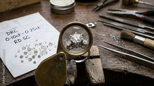 Jeweler inspecting a diamond engagement ring with a magnifying loupe on a wooden workbench with metal tools and a paper packet of loose diamonds