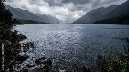 Wide angle view of a calm mountain lake during a heavy rainstorm with dark grey clouds hanging over the distant peaks and rocky shoreline in the foreground of the landscape