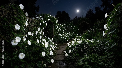 Night garden path lined with blooming white morning glory flowers climbing on wooden trellises under a bright full moon and clear starry sky in a peaceful backyard setting