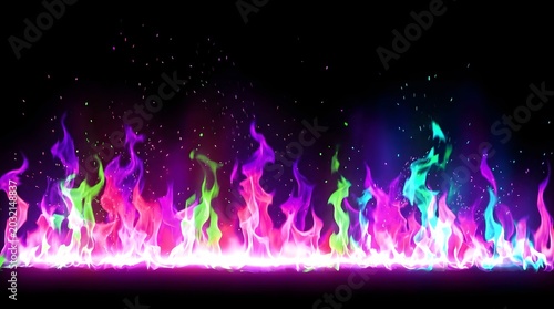 Vibrant multicolored fire flames burning in a horizontal line against a solid black background, with glowing sparks, and particles floating, in the dark, air above the blaze