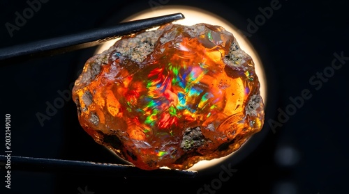 A raw, unpolished boulder opal gemstone held by metal tweezers, showcasing vibrant iridescent flashes of orange, red, green, and blue colors against a dark, out-of-focus circular
