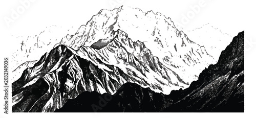 Cuadro en lienzo Vintage mountain range sketch, hand drawn alpine peaks in black and white, engra