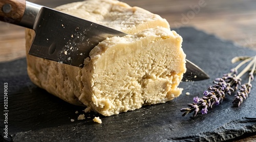 A sharp kitchen knife slicing through a block of creamy beige cheese on a dark textured slate board with sprigs of dried purple lavender flowers placed beside the food