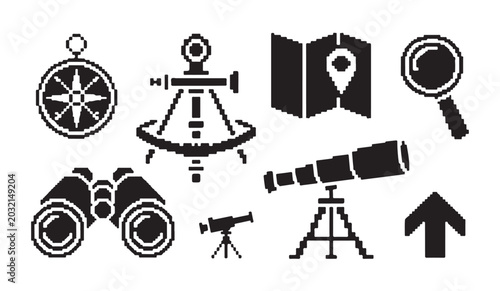 Fotografía Scientific discovery pixel art tools with sextant binoculars telescope and compass set