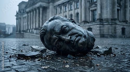 A large, cracked stone sculpture head lying on the wet cobblestone ground in front of a historic neoclassical building with columns during a gloomy, overcast and rainy day in the