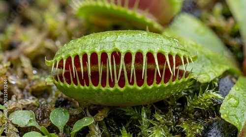 Close up of a green venus flytrap plant with its jaw-like leaves open, revealing red interior spikes and sensory hairs, growing in a damp, mossy forest environment with water