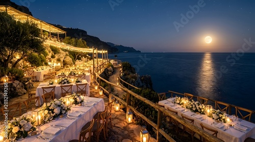 Outdoor restaurant terrace dining setup on a cliffside overlooking the ocean at night with a full moon reflecting on the water surface and warm glowing string lights above tables