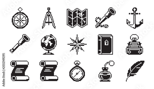 Fotografía Set of pixel art icons representing ancient navigation and discovery tools